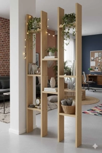 Masif Ahşap Raflı Oda Ayırıcı Seperatör Duvar Dekor Paravan 60x200 cm Boyasız Doğal Ahşap Rengi